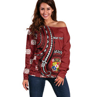 Personalized Tonga Ngatu Off Shoulder Sweater Iconic Red Manulua Motifs LT7 Women Red - Polynesian Pride