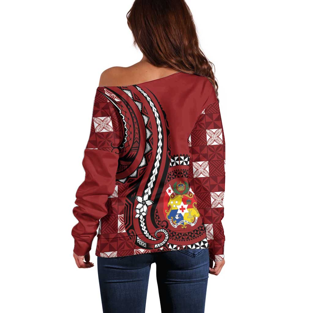 Personalized Tonga Ngatu Off Shoulder Sweater Iconic Red Manulua Motifs LT7 - Polynesian Pride