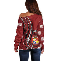 Personalized Tonga Ngatu Off Shoulder Sweater Iconic Red Manulua Motifs LT7 - Polynesian Pride