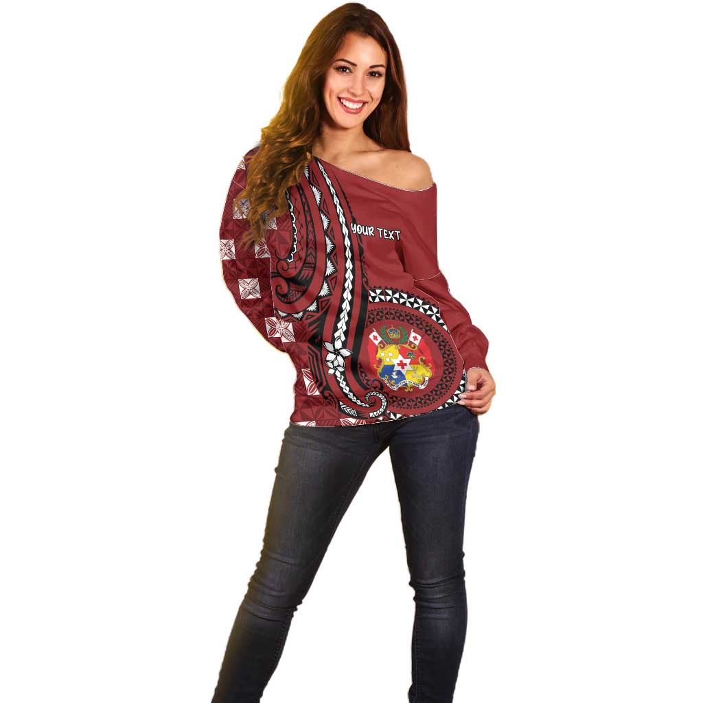 Personalized Tonga Ngatu Off Shoulder Sweater Iconic Red Manulua Motifs LT7 - Polynesian Pride