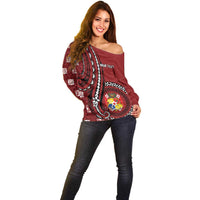 Personalized Tonga Ngatu Off Shoulder Sweater Iconic Red Manulua Motifs LT7 - Polynesian Pride