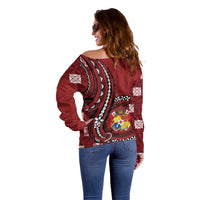 Personalized Tonga Ngatu Off Shoulder Sweater Iconic Red Manulua Motifs LT7 - Polynesian Pride