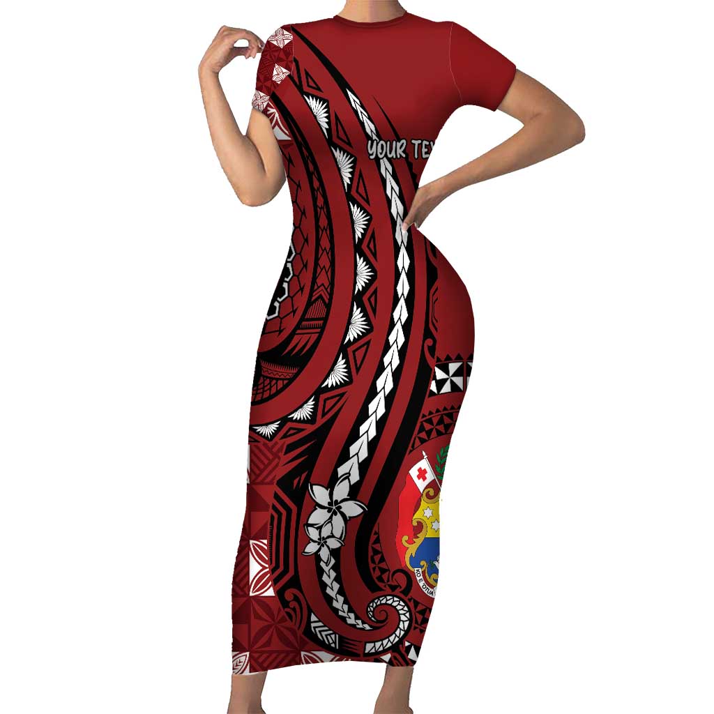 Personalized Tonga Ngatu Short Sleeve Bodycon Dress Iconic Red Manulua Motifs LT7 Long Dress Red - Polynesian Pride