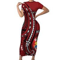 Personalized Tonga Ngatu Short Sleeve Bodycon Dress Iconic Red Manulua Motifs LT7 Long Dress Red - Polynesian Pride