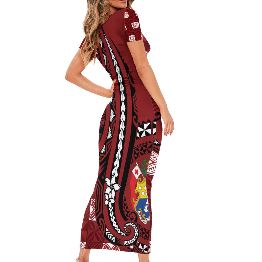 Personalized Tonga Ngatu Short Sleeve Bodycon Dress Iconic Red Manulua Motifs LT7 - Polynesian Pride