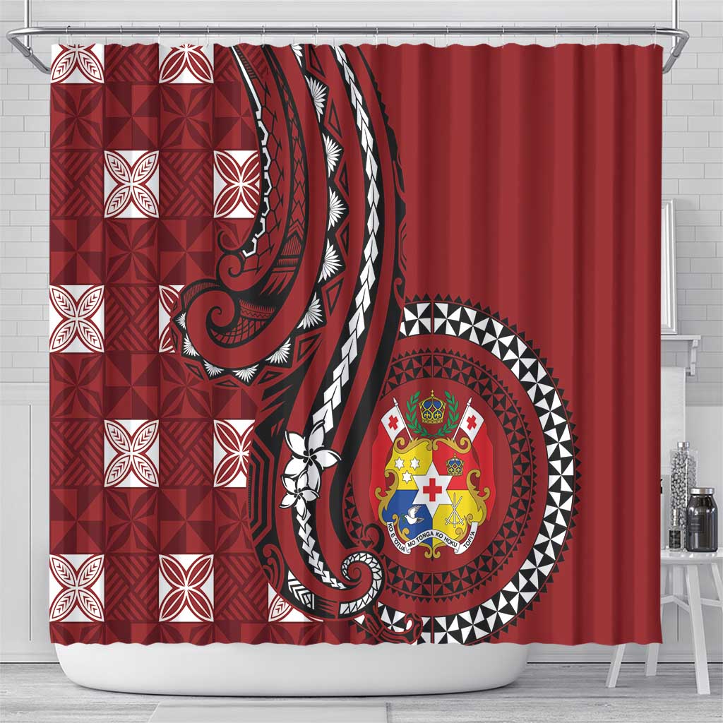 Tonga Ngatu Shower Curtain Iconic Red Manulua Motifs LT7 - Polynesian Pride