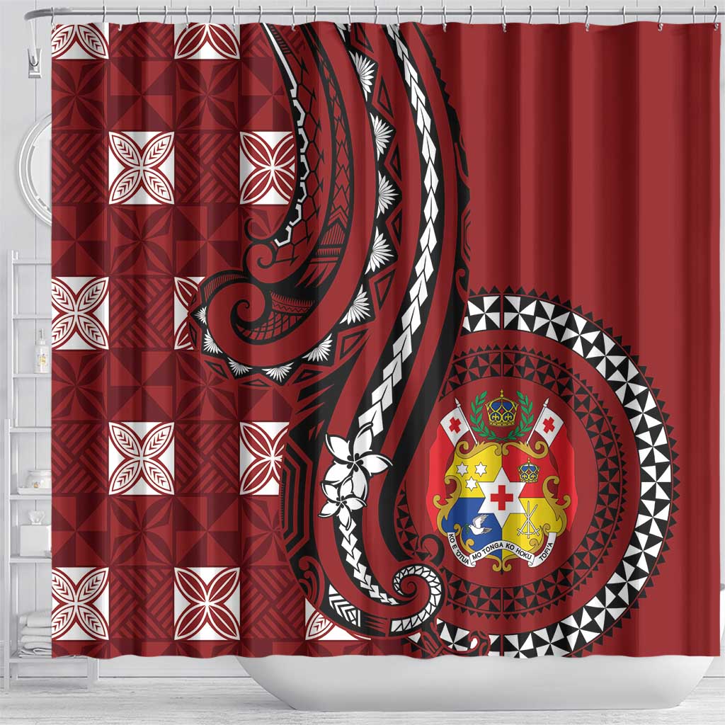 Tonga Ngatu Shower Curtain Iconic Red Manulua Motifs LT7 - Polynesian Pride