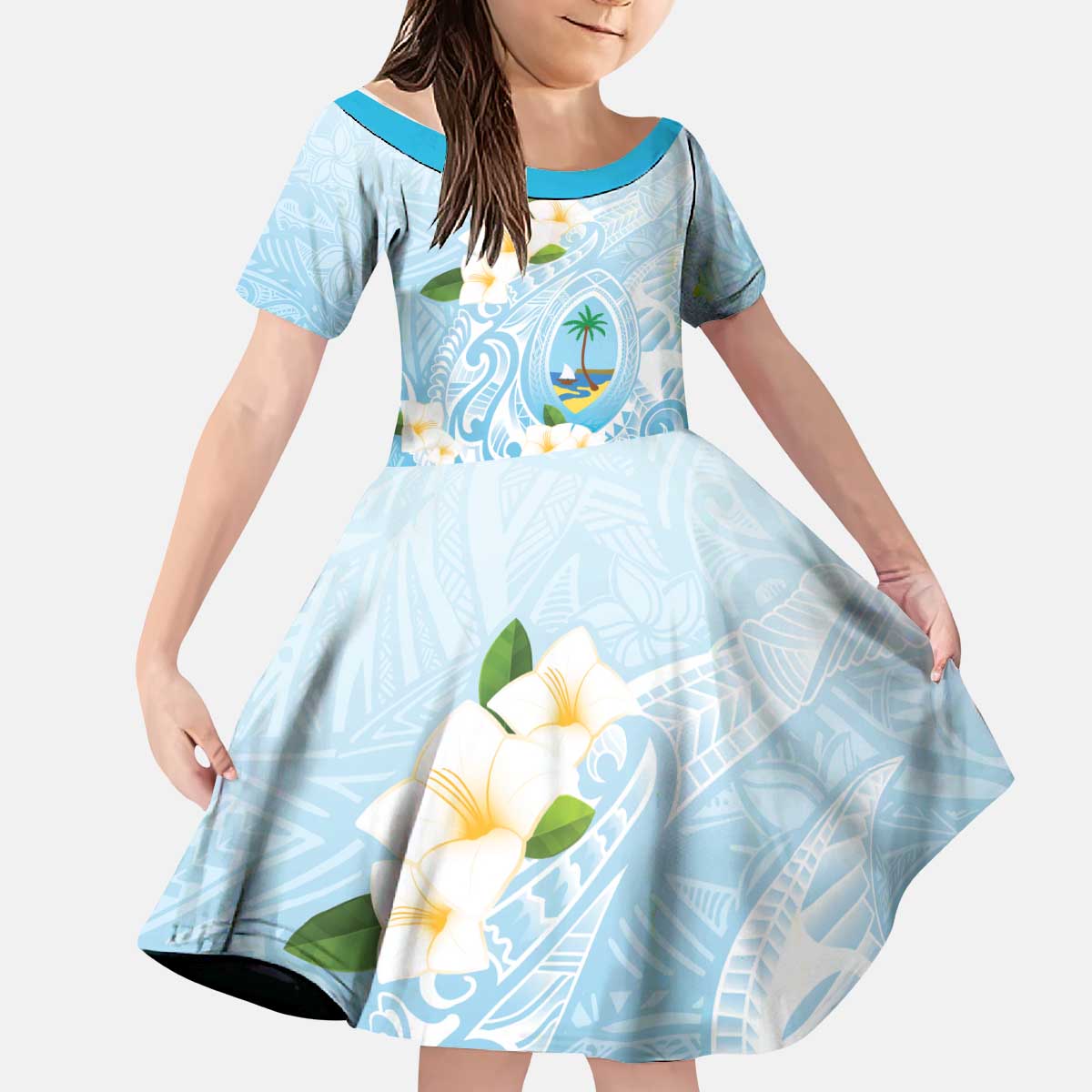Guam Fishhook Mix Guasali Flowers Kid Short Sleeve Dress Dreaming Turquoise LT7 KID Turquoise - Polynesian Pride
