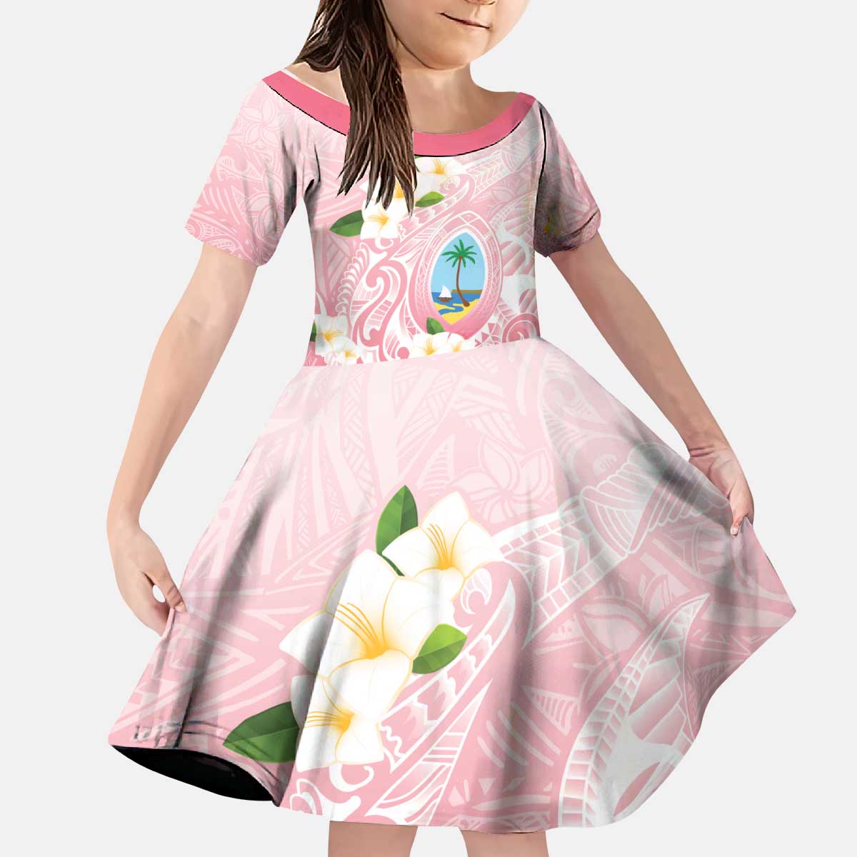Guam Fishhook Mix Guasali Flowers Kid Short Sleeve Dress Dreaming Coral LT7 KID Pink - Polynesian Pride