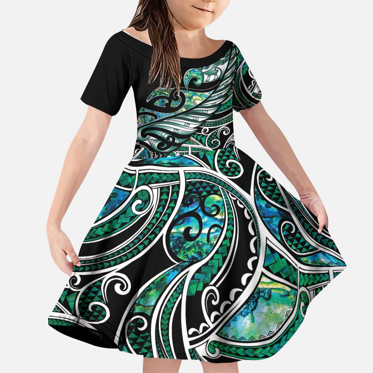 Maori Matariki - Manaia Kid Short Sleeve Dress Emerald Paua Shell LT7 KID Green - Polynesian Pride