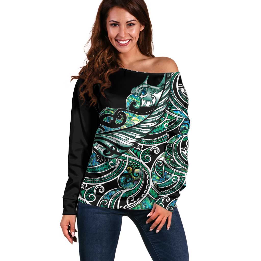 Maori Matariki - Manaia Off Shoulder Sweater Emerald Paua Shell LT7 Women Green - Polynesian Pride