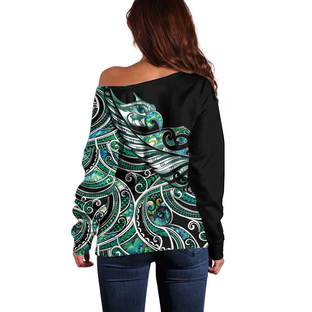 Maori Matariki - Manaia Off Shoulder Sweater Emerald Paua Shell LT7 - Polynesian Pride