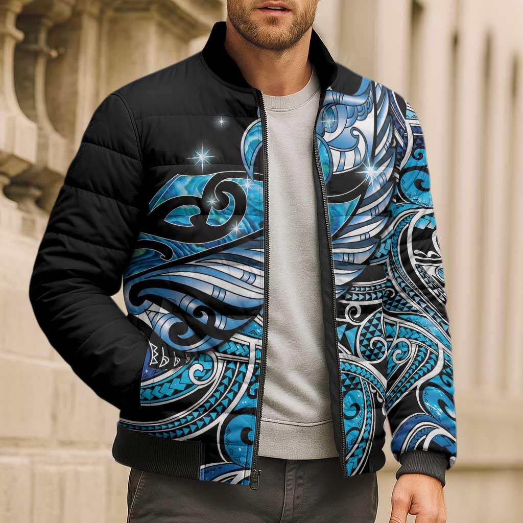 Maori Matariki - Manaia Bomber Puffer Jacket Galaxy Blue Paua Shell LT7 - Polynesian Pride