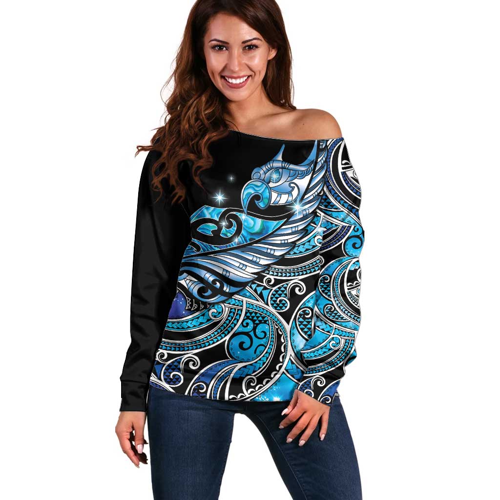 Maori Matariki - Manaia Off Shoulder Sweater Galaxy Blue Paua Shell LT7 Women Blue - Polynesian Pride
