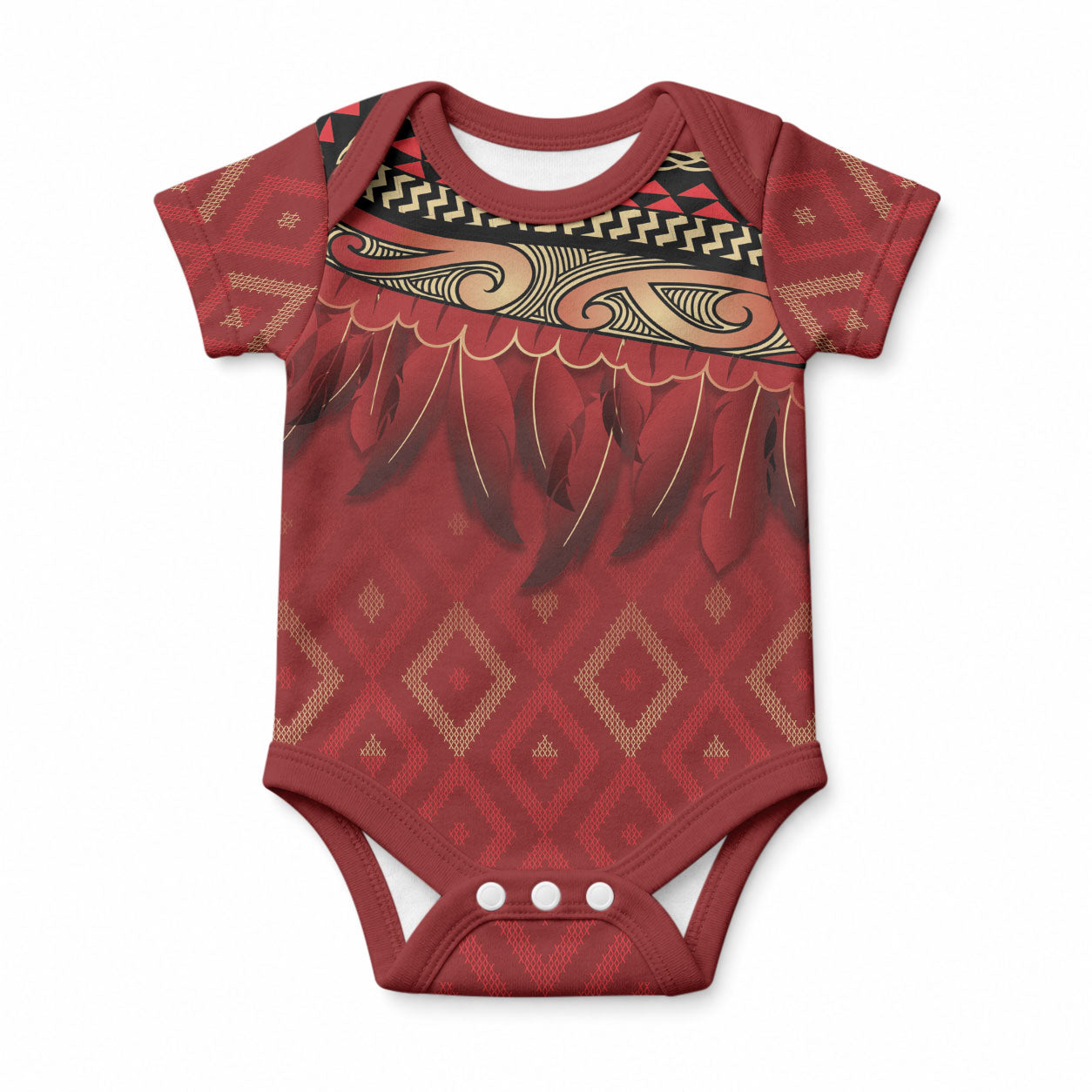 Aotearoa Maori Waikato Tainui Iwi Baby Onesie Korowai Tukutuku Kaokao Motifs LT7 Red - Polynesian Pride