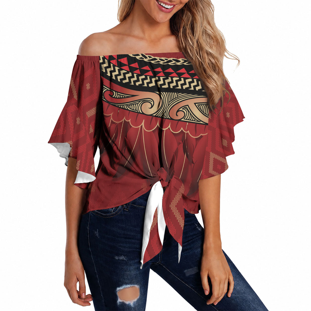 Aotearoa Maori Waikato Tainui Iwi Off Shoulder Wrap Waist Top Korowai Tukutuku Kaokao Motifs LT7 Red - Polynesian Pride