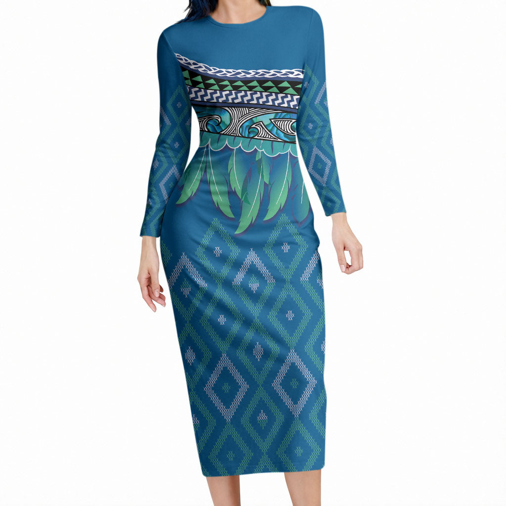 Aotearoa Maori Ngati Kahungunu Iwi Paua Blue Long Sleeve Bodycon Dress Korowai Tukutuku Kaokao Motifs LT7 Long Dress Green Blue - Polynesian Pride