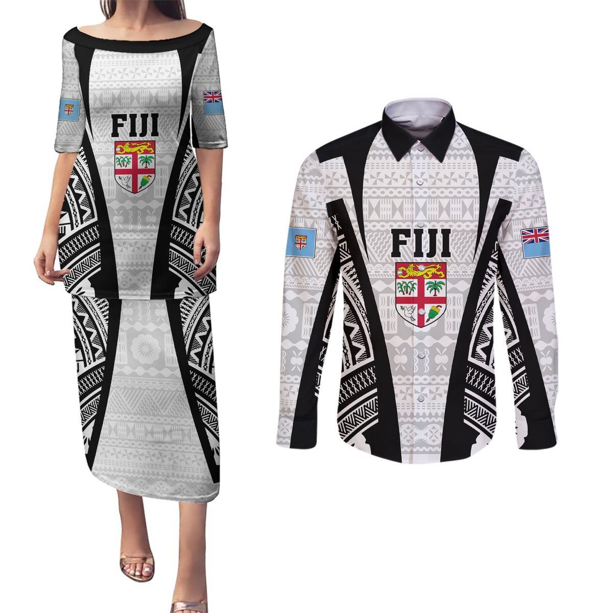Personalised Fiji Rugby Couples Matching Puletasi Dress and Long Sleeve Button Shirts 2023 World Cup History Makers - White Ver LT7 White - Polynesian Pride