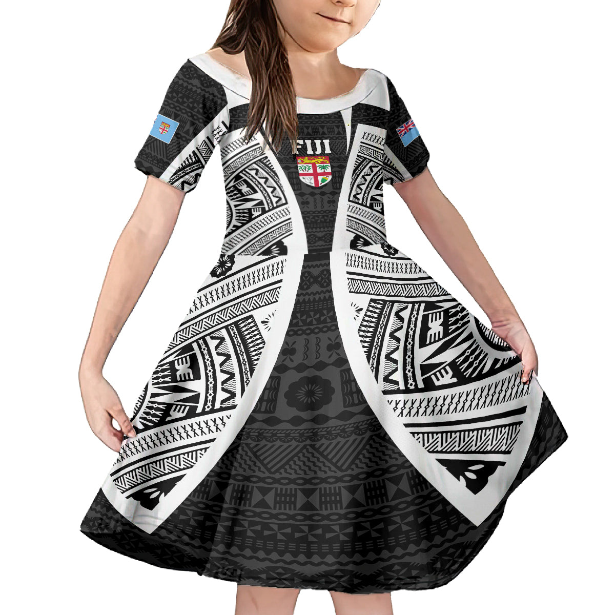 Personalised Fiji Rugby Kid Short Sleeve Dress 2023 World Cup History Makers - Black Ver LT7 KID Black - Polynesian Pride