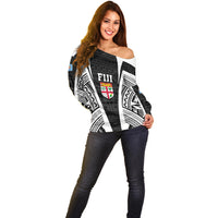 Personalised Fiji Rugby Off Shoulder Sweater 2023 World Cup History Makers - Black Ver LT7 - Polynesian Pride