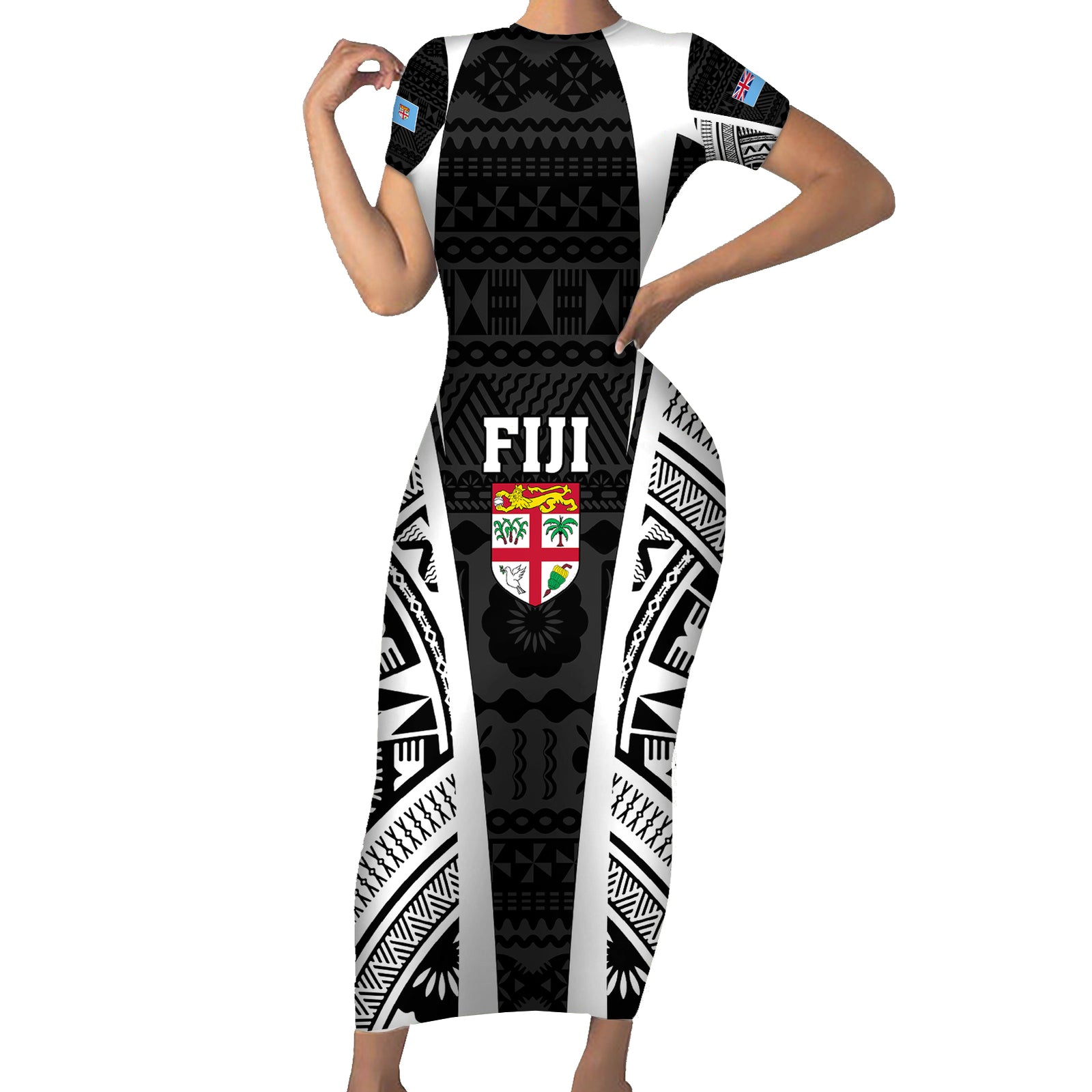 Personalised Fiji Rugby Short Sleeve Bodycon Dress 2023 World Cup History Makers - Black Ver LT7 Long Dress Black - Polynesian Pride