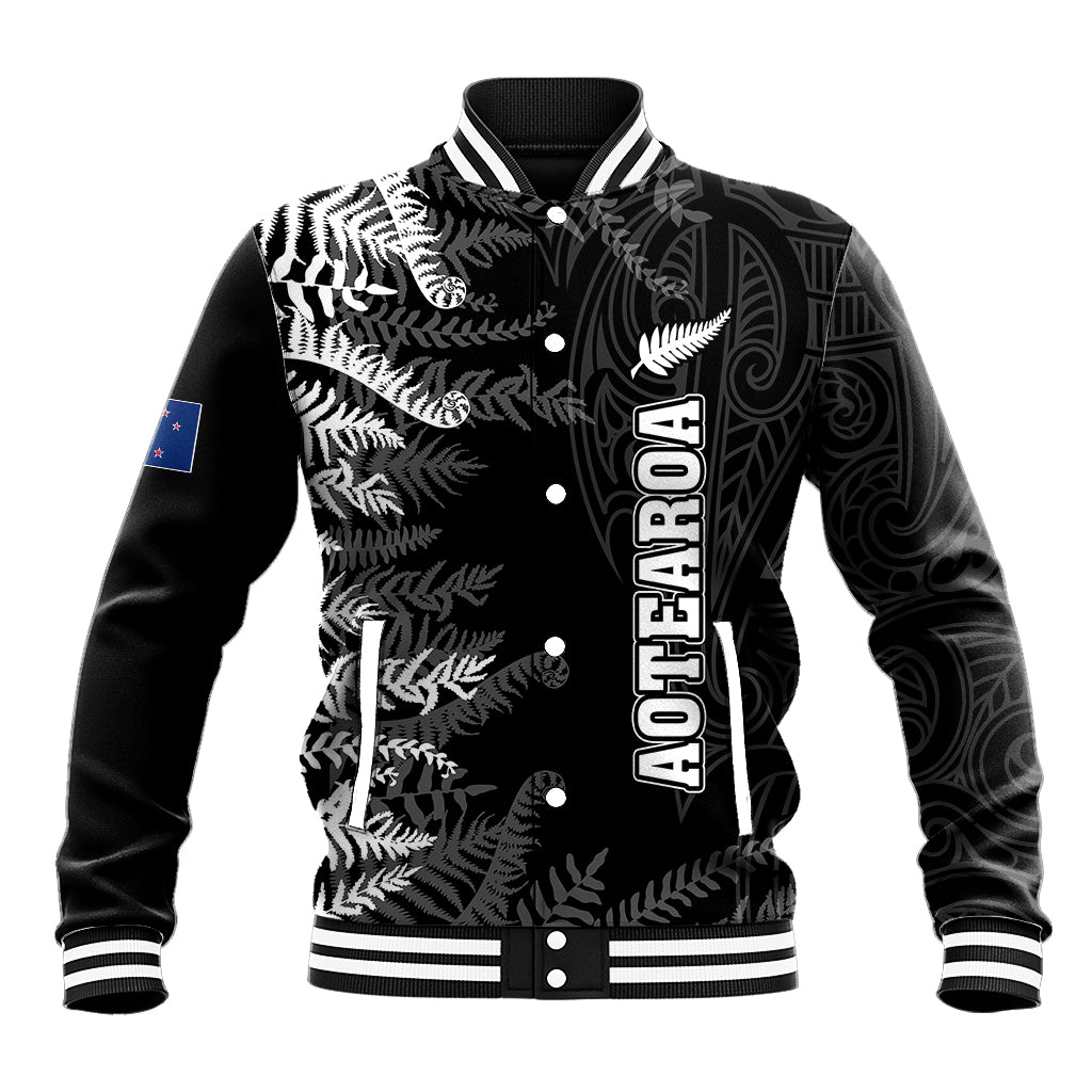 Personalised New Zealand Rugby Baseball Jacket Silver Fern Basic 2023 World Cup LT7 Unisex Black - Polynesian Pride