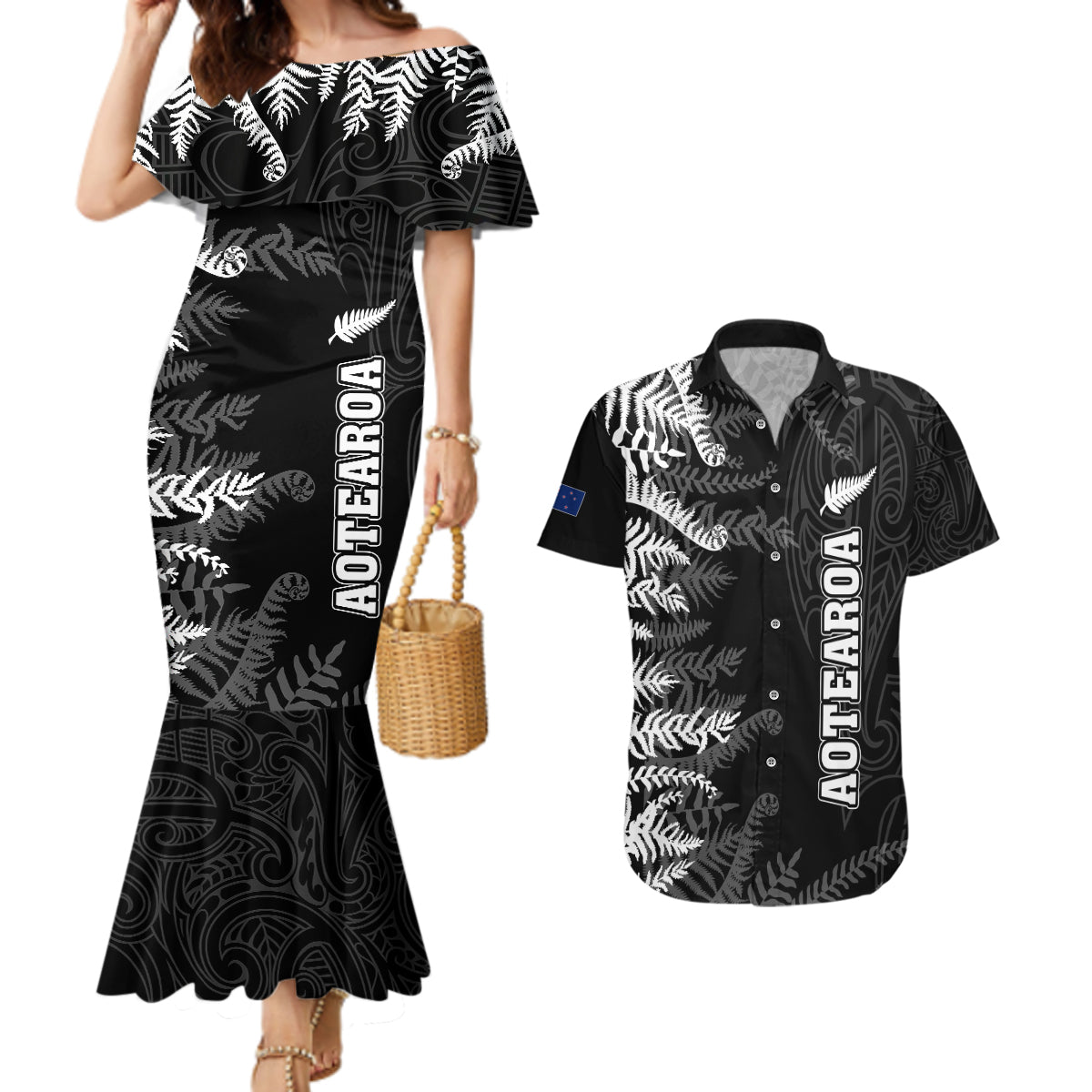 personalised-new-zealand-rugby-couples-matching-mermaid-dress-and-hawaiian-shirt-silver-fern-basic-2023-world-cup