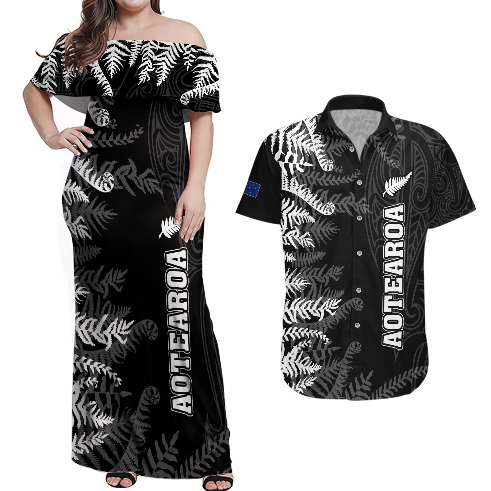 personalised-new-zealand-rugby-couples-matching-off-shoulder-maxi-dress-and-hawaiian-shirt-silver-fern-basic-2023-world-cup