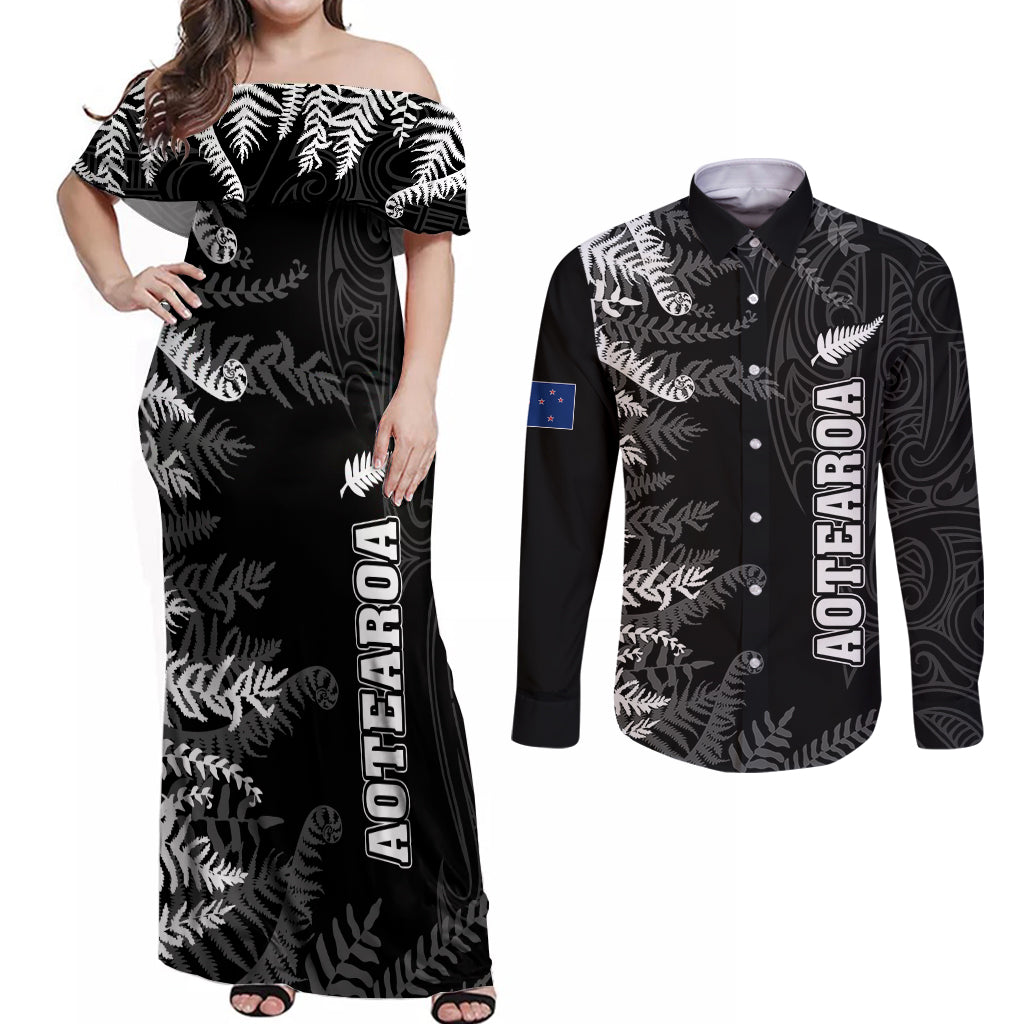 personalised-new-zealand-rugby-couples-matching-off-shoulder-maxi-dress-and-long-sleeve-button-shirts-silver-fern-basic-2023-world-cup