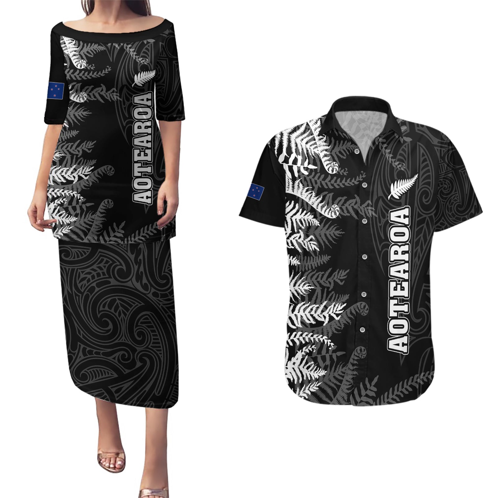 personalised-new-zealand-rugby-couples-matching-puletasi-dress-and-hawaiian-shirt-silver-fern-basic-2023-world-cup