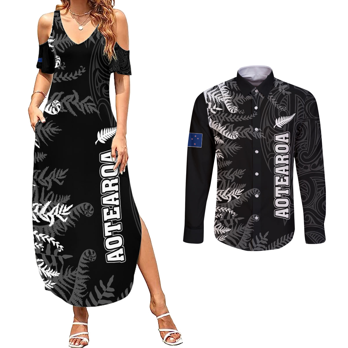 personalised-new-zealand-rugby-couples-matching-summer-maxi-dress-and-long-sleeve-button-shirts-silver-fern-basic-2023-world-cup