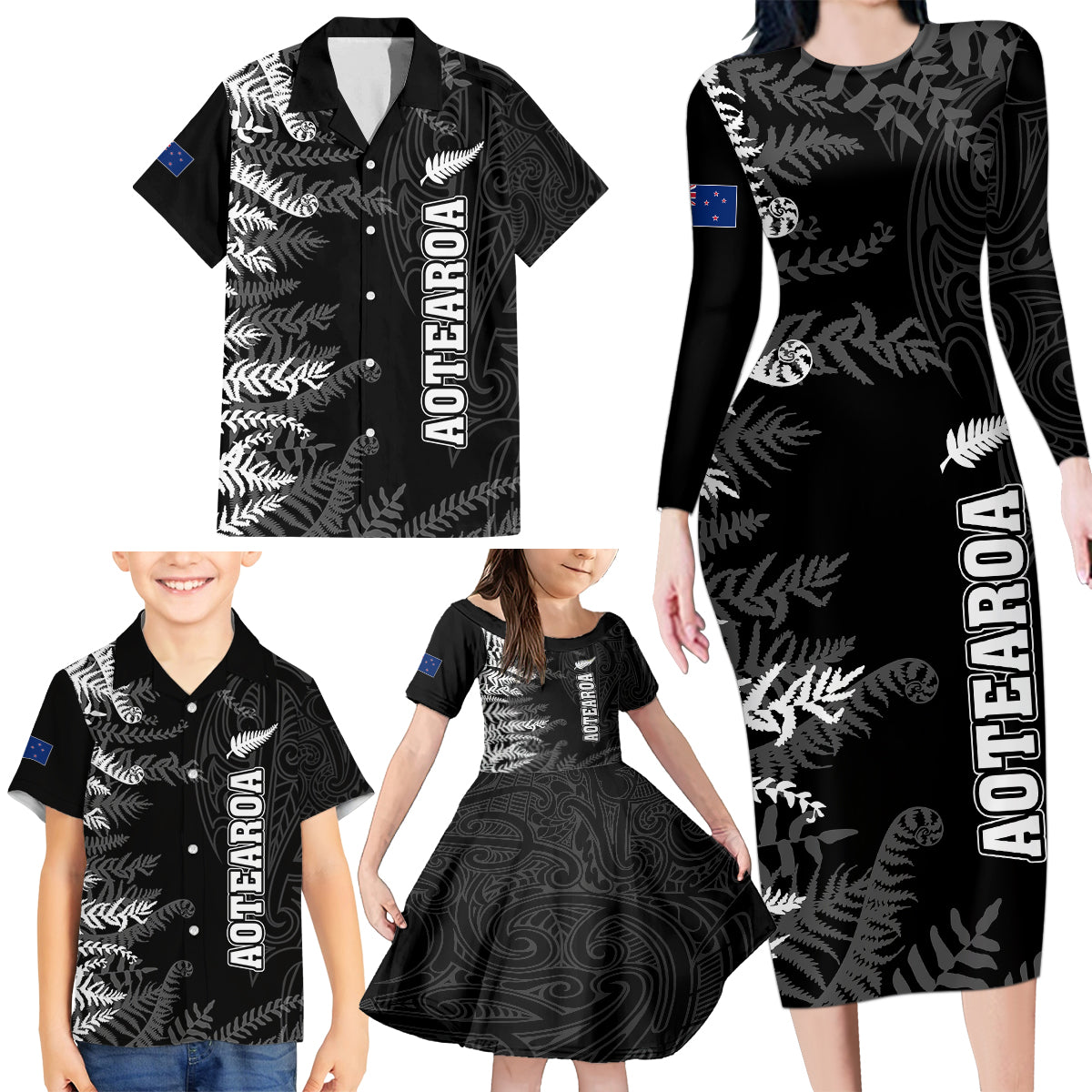 personalised-new-zealand-rugby-family-matching-long-sleeve-bodycon-dress-and-hawaiian-shirt-silver-fern-basic-2023-world-cup