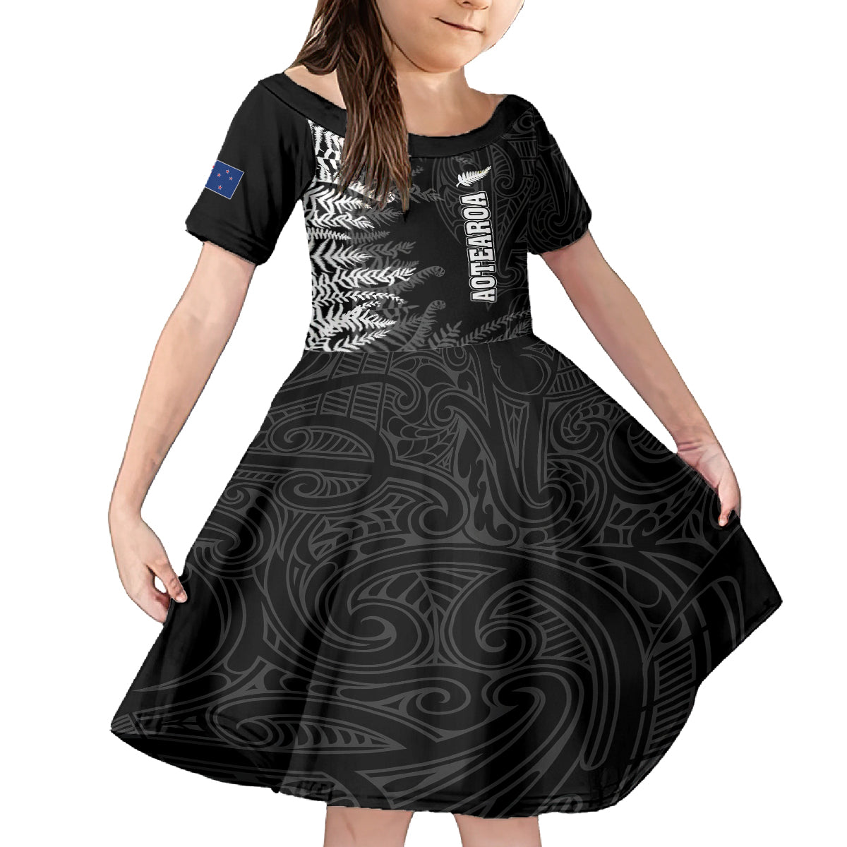 personalised-new-zealand-rugby-kid-short-sleeve-dress-silver-fern-basic-2023-world-cup