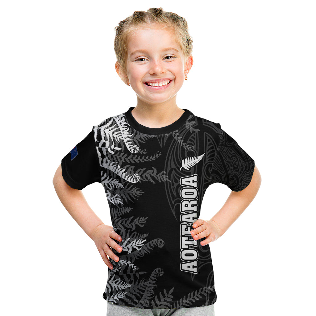 Personalised New Zealand Rugby Kid T Shirt Silver Fern Basic 2023 World Cup LT7 Black - Polynesian Pride