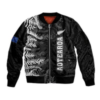Personalised New Zealand Rugby Sleeve Zip Bomber Jacket Silver Fern Basic 2023 World Cup LT7 Unisex Black - Polynesian Pride