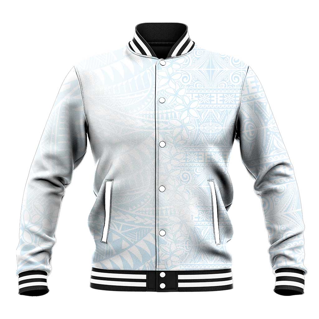 White Sunday Baseball Jacket Plumeria Tatau Mix Tapa LT7 Unisex White - Polynesian Pride