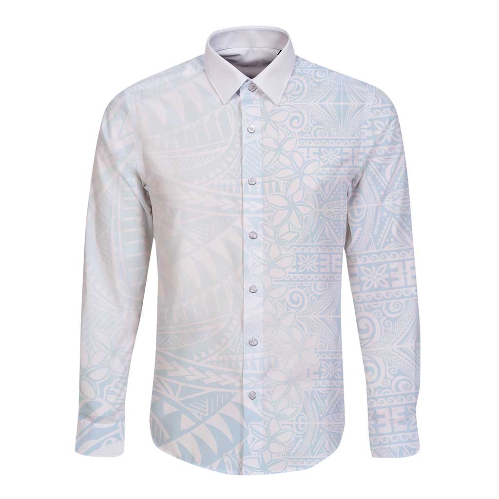 White Sunday Long Sleeve Button Shirt Plumeria Tatau Mix Tapa LT7 Unisex White - Polynesian Pride