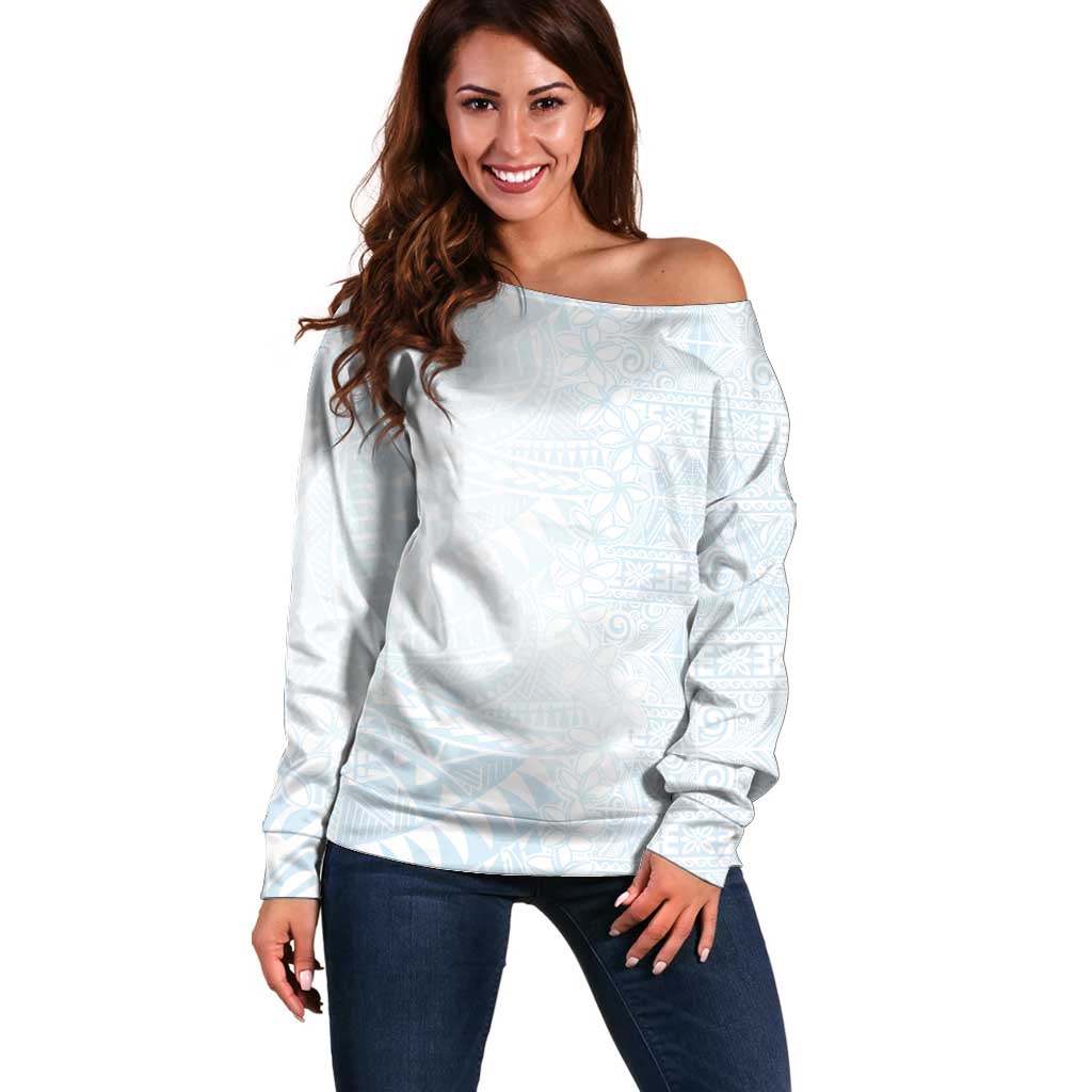 White Sunday Off Shoulder Sweater Plumeria Tatau Mix Tapa LT7 Women White - Polynesian Pride