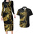 Polynesia Couples Matching Long Sleeve Bodycon Dress and Hawaiian Shirt Black & Gold Fancy Plumeria