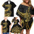 Polynesia Family Matching Off Shoulder Short Dress and Hawaiian Shirt Black & Gold Fancy Plumeria