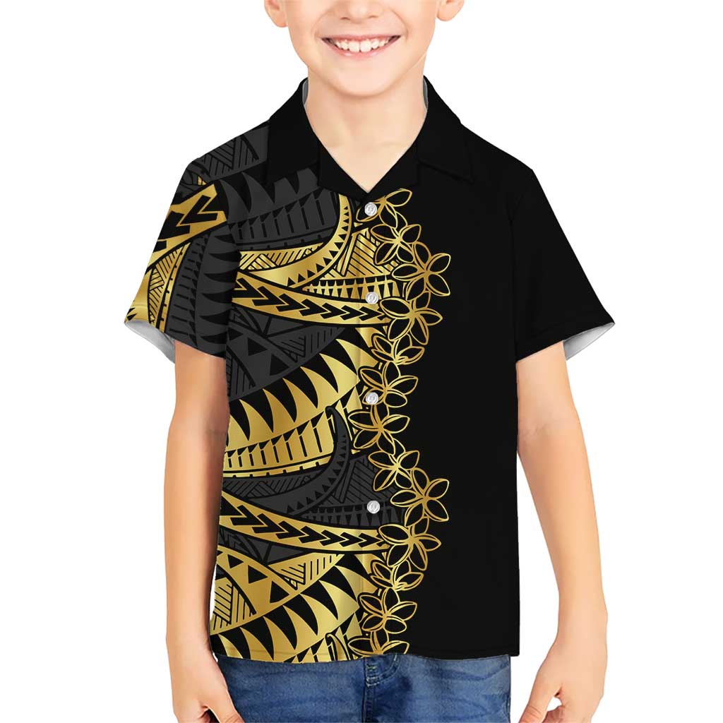 Polynesia Kid Hawaiian Shirt Black & Gold Fancy Plumeria LT7 Kid Black Gold - Polynesian Pride