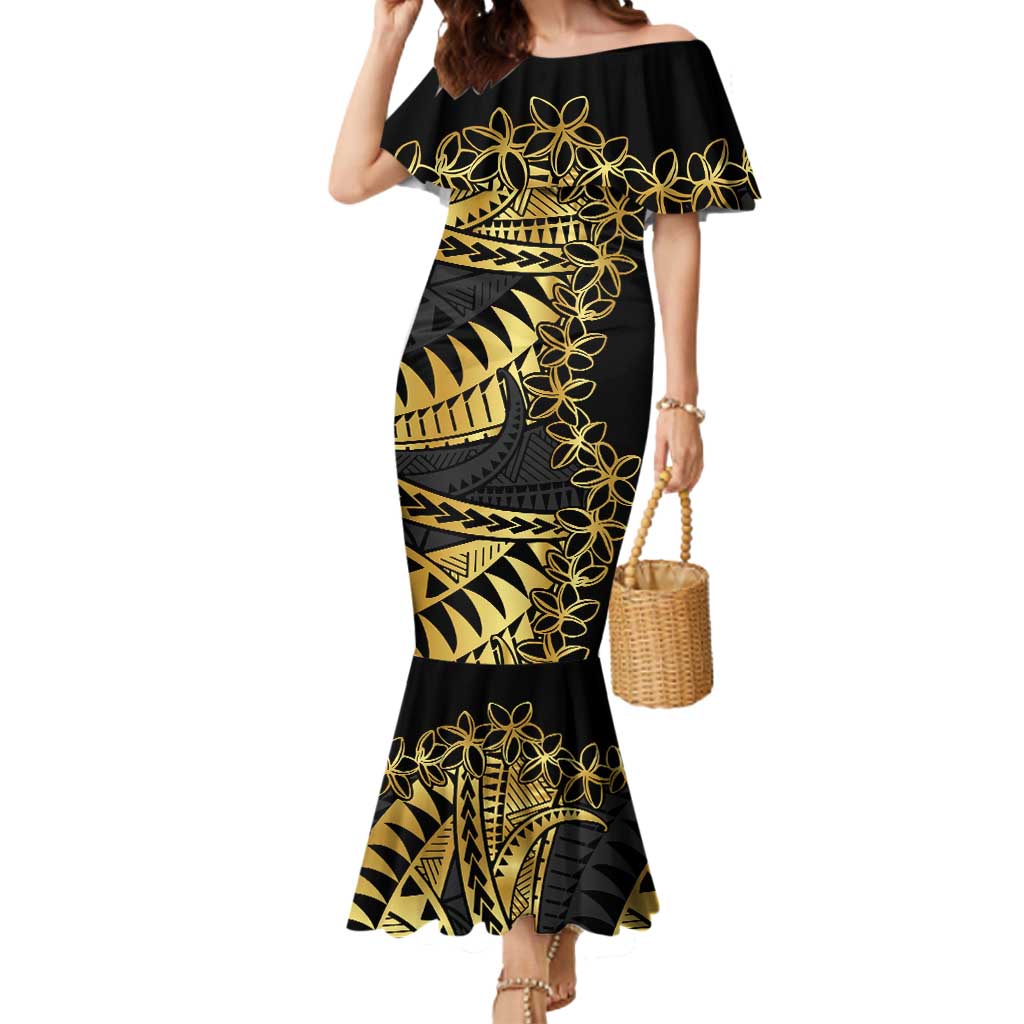 Polynesia Mermaid Dress Black & Gold Fancy Plumeria LT7 Women Black Gold - Polynesian Pride