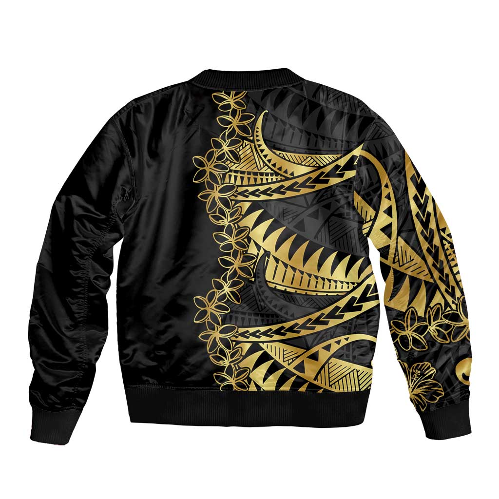 Polynesia Sleeve Zip Bomber Jacket Black & Gold Fancy Plumeria LT7 - Polynesian Pride