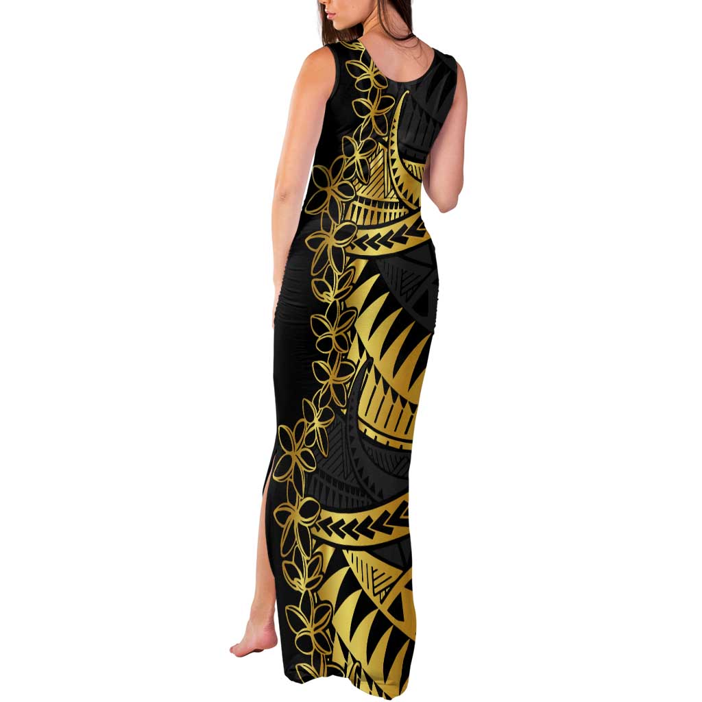 Polynesia Tank Maxi Dress Black & Gold Fancy Plumeria LT7 - Polynesian Pride