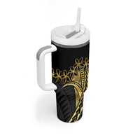 Polynesia Personalised Tumbler With Handle Black & Gold Fancy Plumeria LT7 - Polynesian Pride
