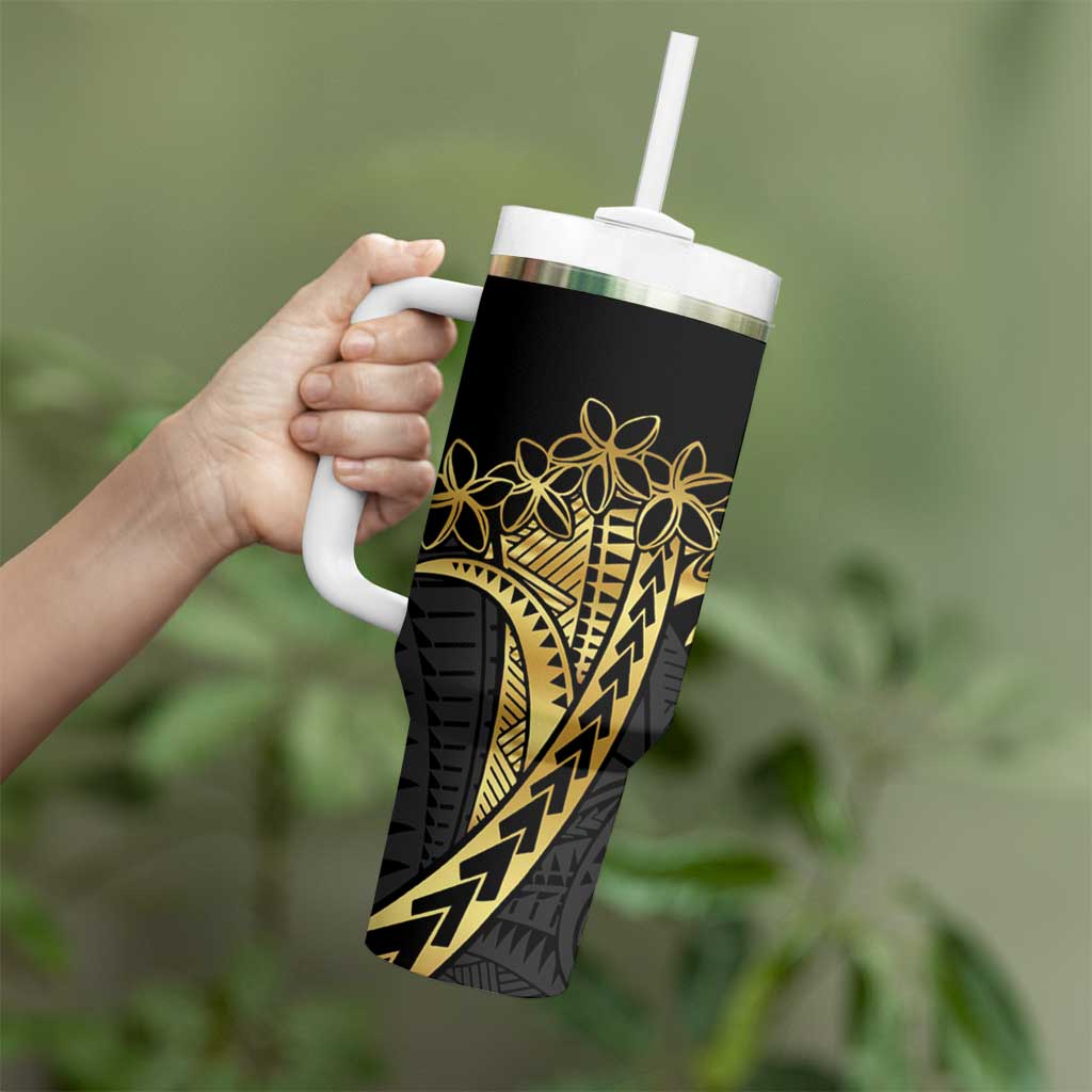 Polynesia Personalised Tumbler With Handle Black & Gold Fancy Plumeria LT7 - Polynesian Pride