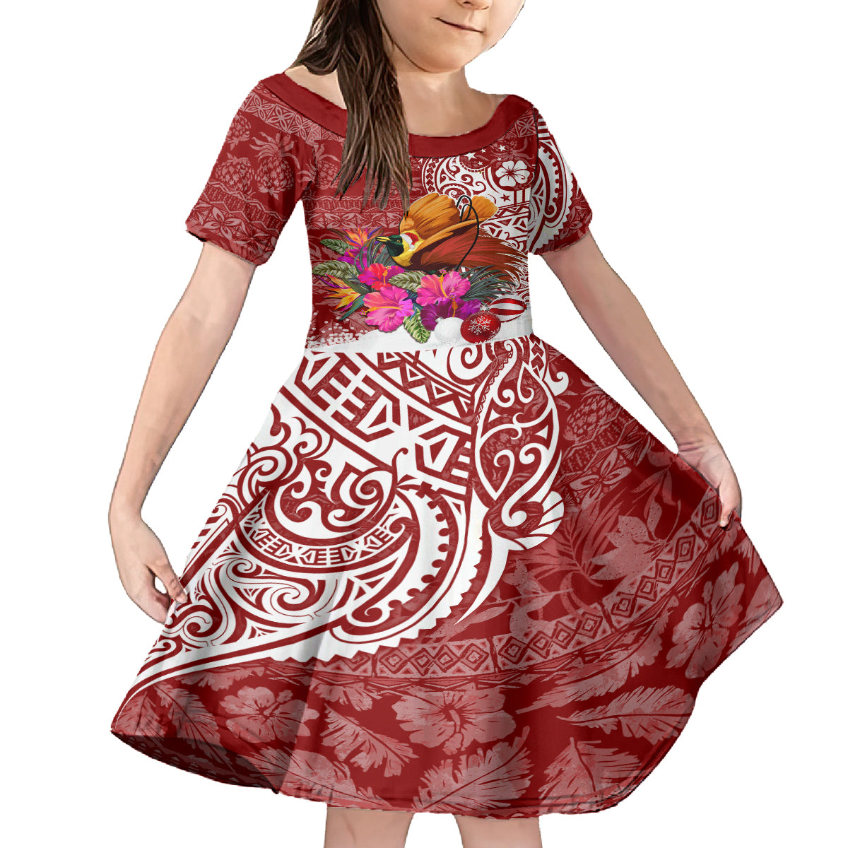 Papua New Guinea Christmas Kid Short Sleeve Dress Bird-of-Paradise Special LT7 KID Red - Polynesian Pride