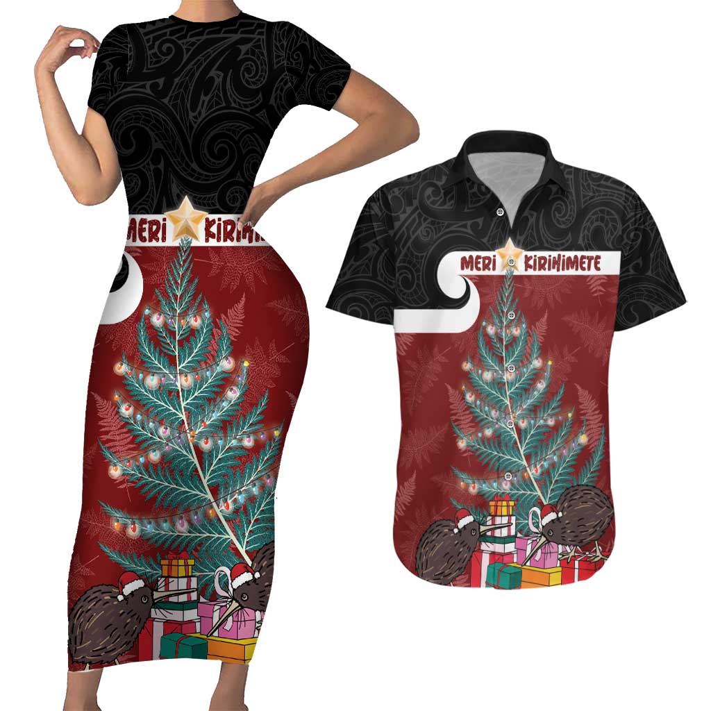 Personalised New Zealand Maori Christmas Couples Matching Short Sleeve Bodycon Dress and Hawaiian Shirt Xmas Fern Mix Kowhawhai