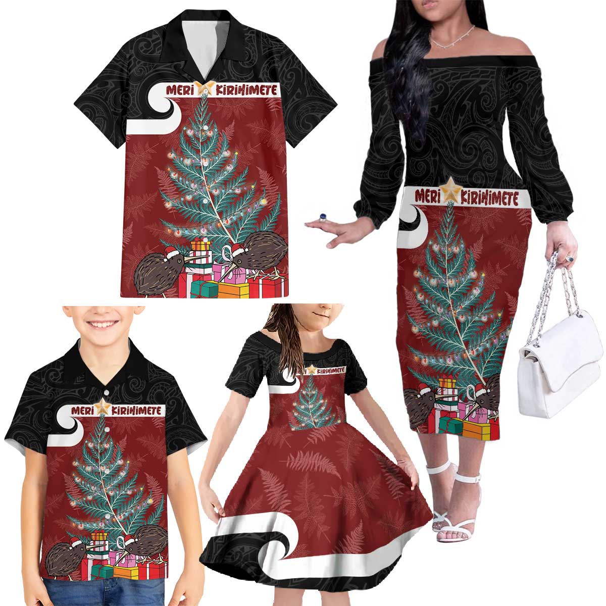 Personalised New Zealand Maori Christmas Family Matching Off The Shoulder Long Sleeve Dress and Hawaiian Shirt Xmas Fern Mix Kowhawhai