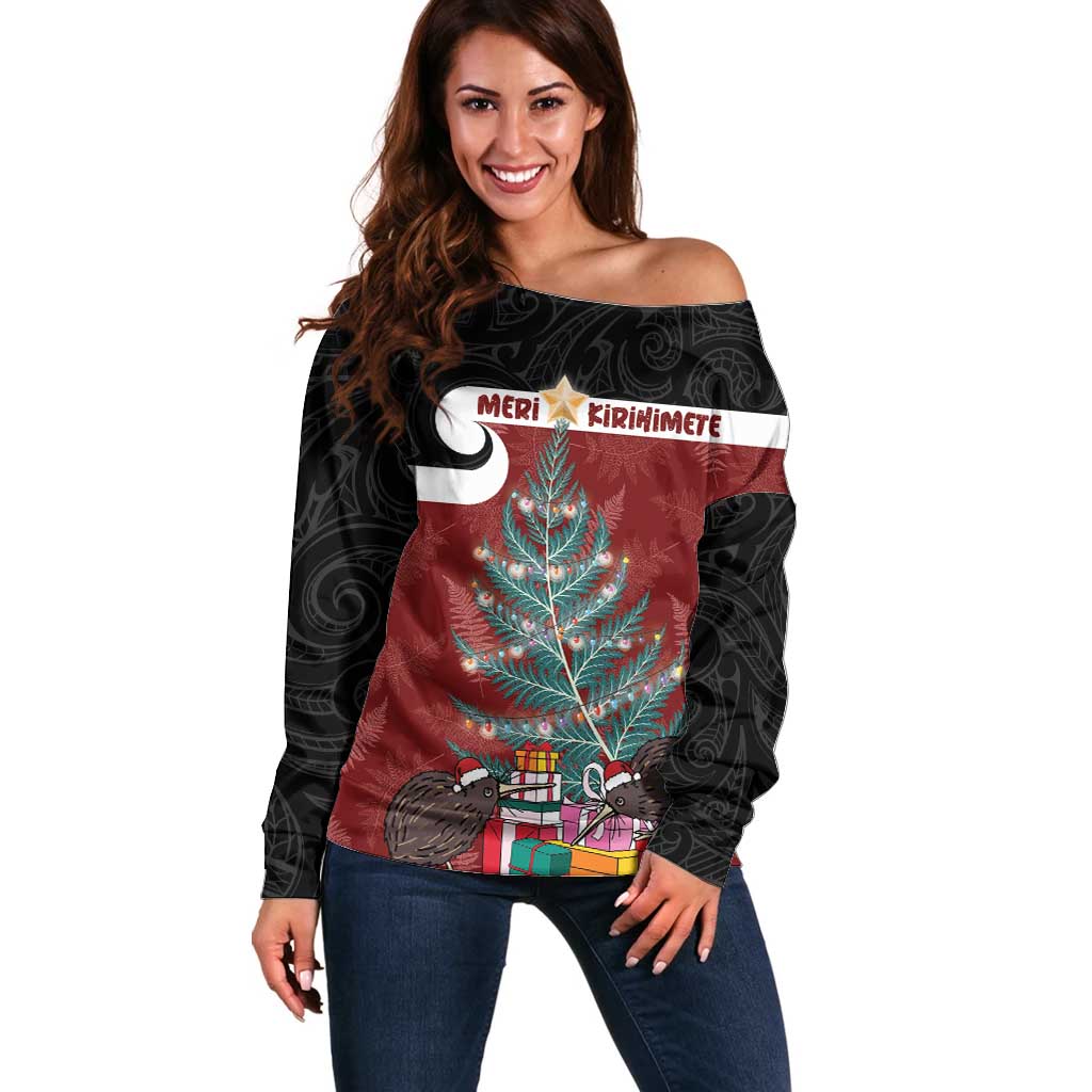 Personalised New Zealand Maori Christmas Off Shoulder Sweater Xmas Fern Mix Kowhawhai LT7 Women Black - Polynesian Pride
